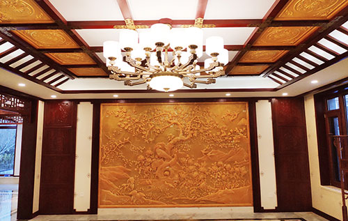 新盈镇中式别墅客厅中式木作横梁吊顶装饰展示